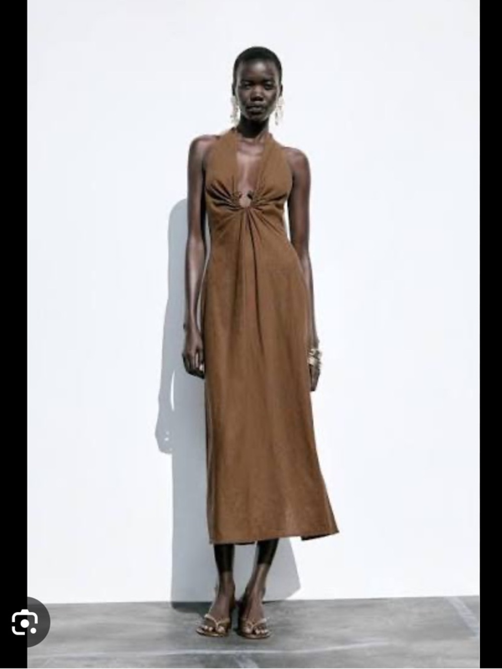 Zara Brown Linen Blend Halter Dress Large